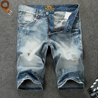 italian vintage fashion men jeans retro light blue destroyed designer ripped short jeans men summer hip hop denim shorts hombre