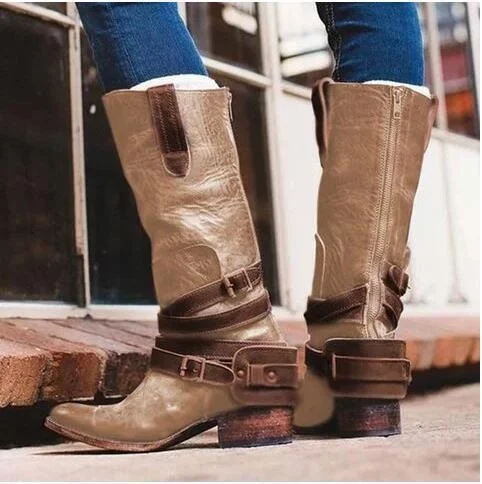 

Pointed Toe Square Low High Heel Mid-calf Motorcycle Boots Button Back Zipper Viscose Rubber Sole Back Zipper Punk for Women
