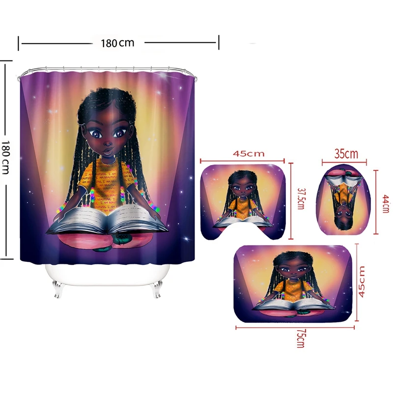 

Beautiful African Girl Durable Fabric Shower Curtain Bathroom Set Afro Girl Non-Slip Rug Carpet Toilet Seat Cover Sets