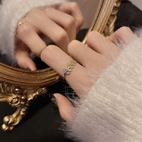 koreas feather wings adjustable finger gold ring micro diamond shiny leaf simple opening rings for women female jewelry gifts