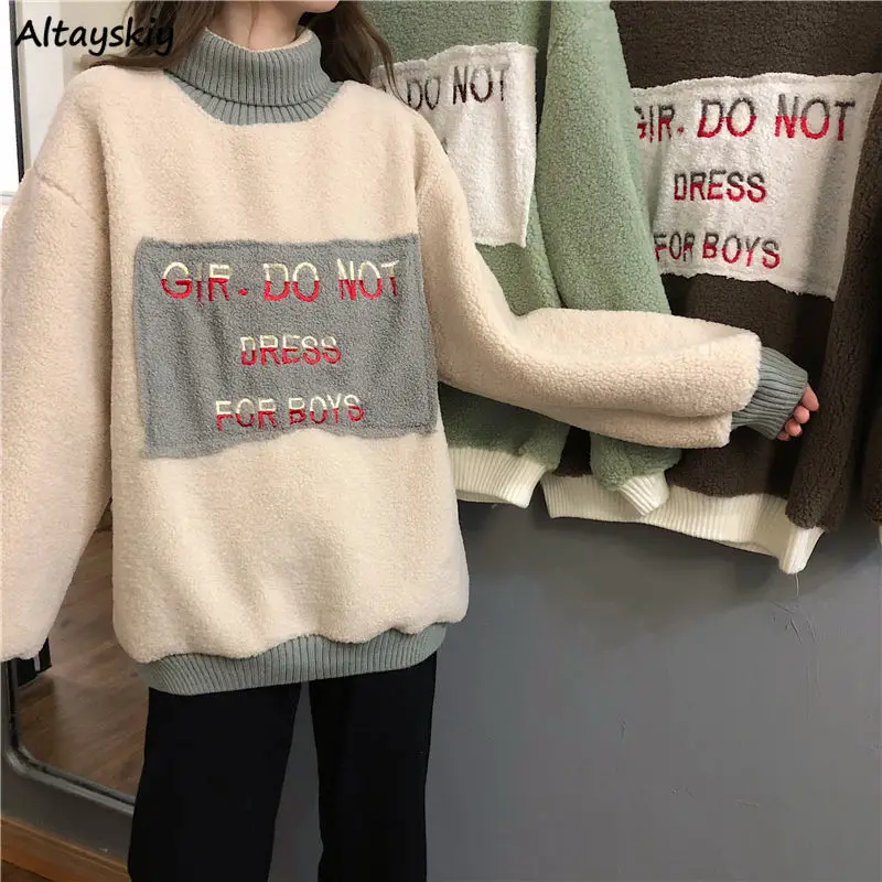 

Winter Turtle-neck Lambswool Hoodies Women Warm Aesthetic Students Preppy Patchwork Soft Ulzzang Loose Outwear Letter Harajuku