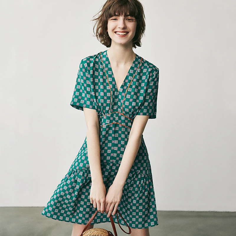 CAMIA новый топ шелковое платье клетчатая строчка v образный вырез с короткими