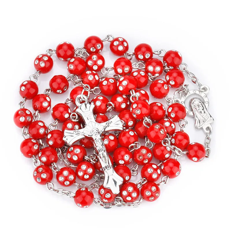 

New Style 9 Color 8mm Fashion Jesus Christian Acrylic Beads Long Pendant Cross Rosary Necklace Accessories Gifts For Women