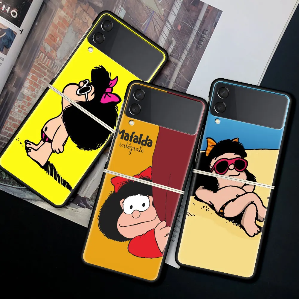 

For Samsung Galaxy Z Flip 3 5G Case Luxury Matte Black Hard Phone Cover ZFlip 3 Shockproof Fundas Shell Cartoon Mafalda Girl Sac