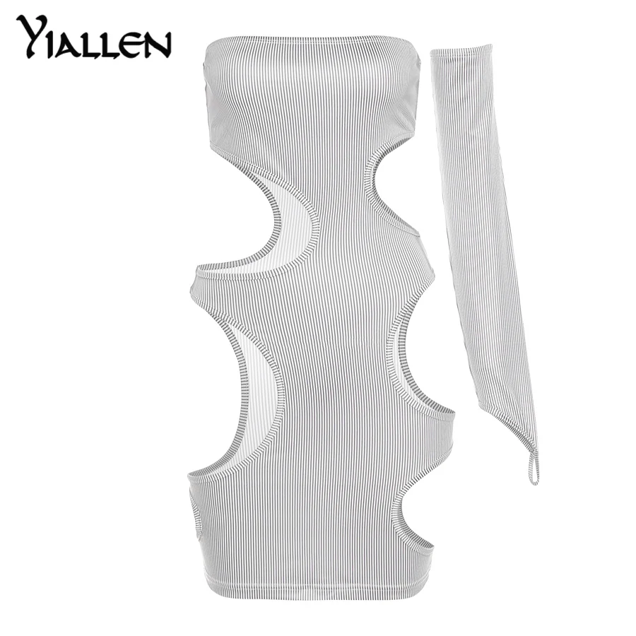 

Yiallen Striped Cut Out Sexy Party Mini Dresses With Glove 2021 Strapless Sleeveless Outfits For Women Midnight Clubwear Dress
