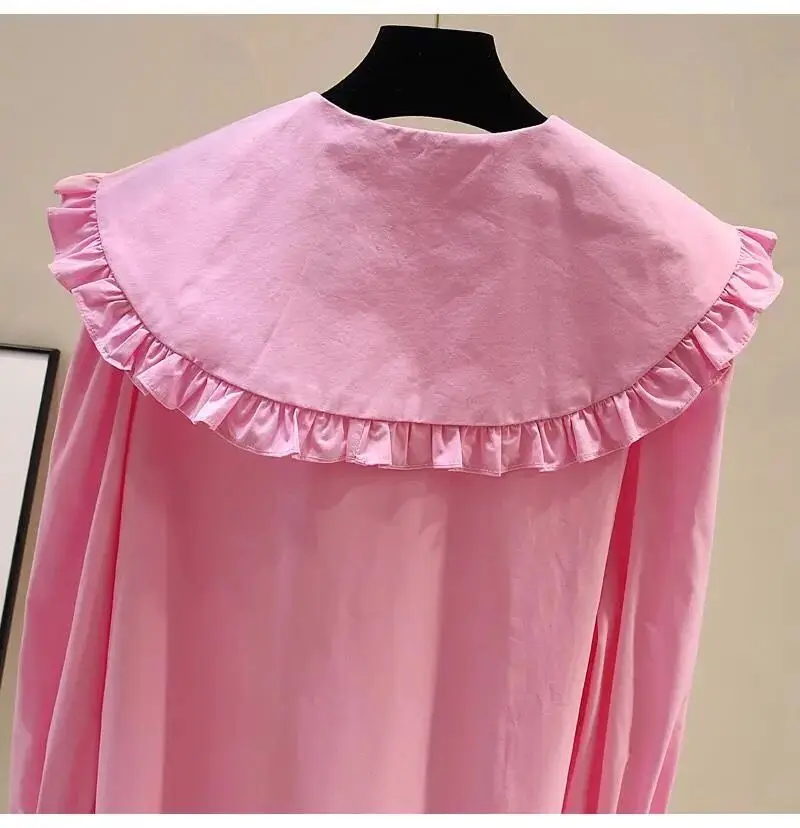 

White Pink Double Breasted Doll Collar Ruffled Button Up Shirts Womens 2021 Korean Long Sleeve Loose Blouse Female White Tops