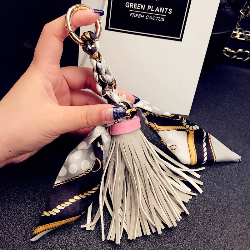 Leather Tassel Satin Silk Scarves Keychain Bowknot Scarf Pendant Car Purse Bag Keyring Holder HandBag Key Ring Chains Girls