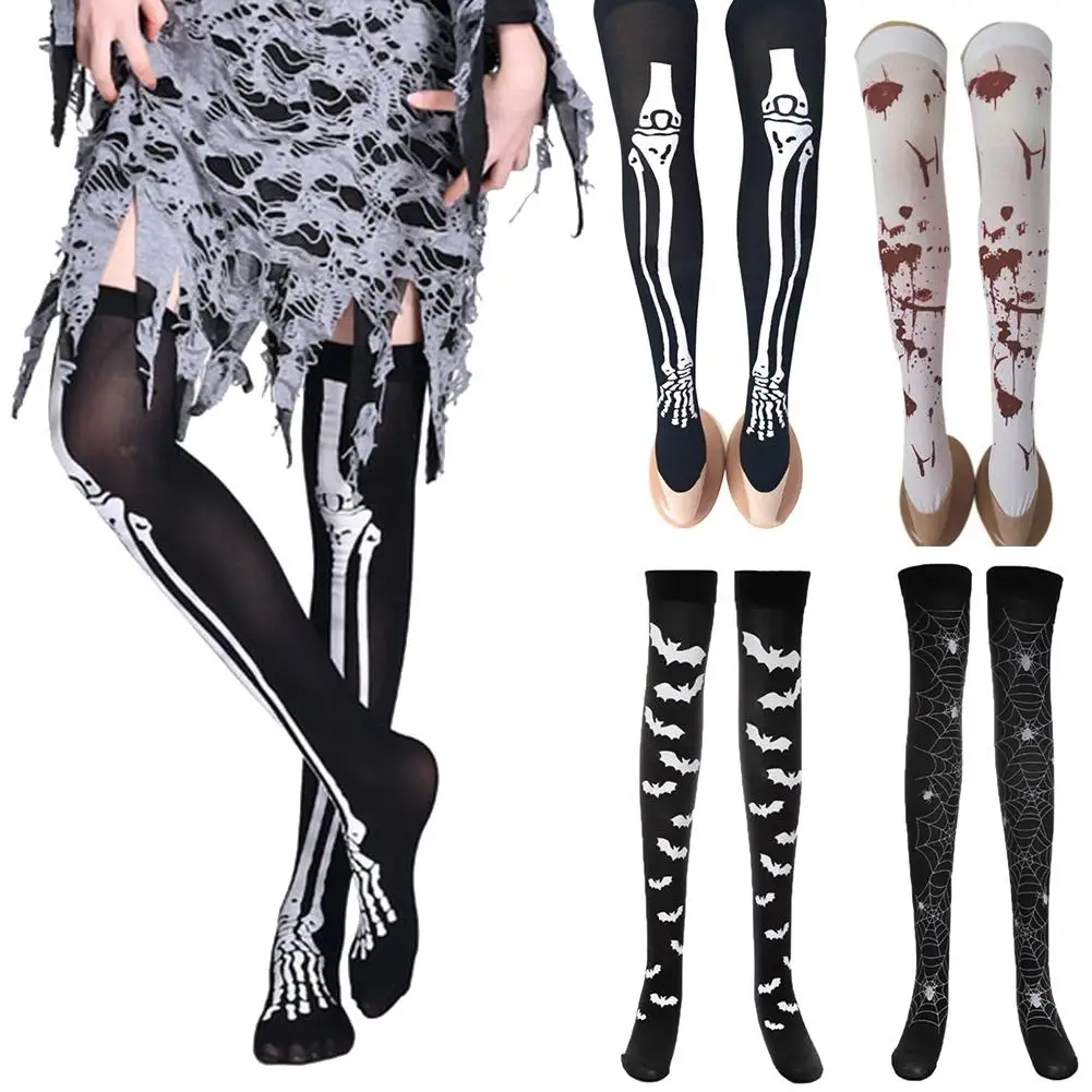 

New Halloween Party Bloody Skeleton Cobweb Bat Stockings Women Thigh High Socks Women's Stockings Halloween Stockings Costu