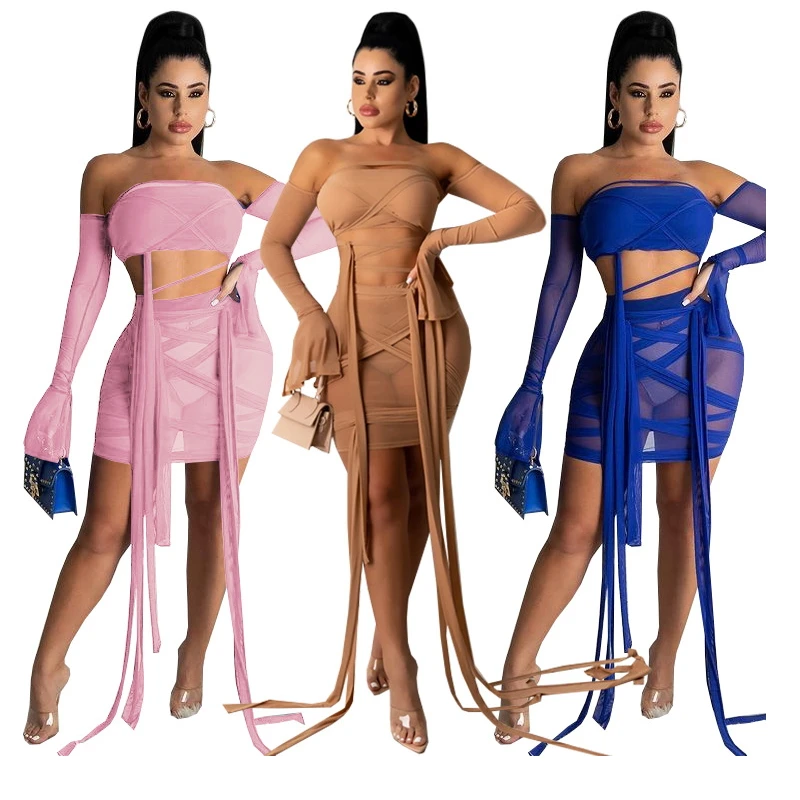 

Backless Flare Sleeve Crop Top Pencil Skirt Strapless Bodycon Bandage Dress See Through Mesh Two Piece Set Tight Mini Ribbons