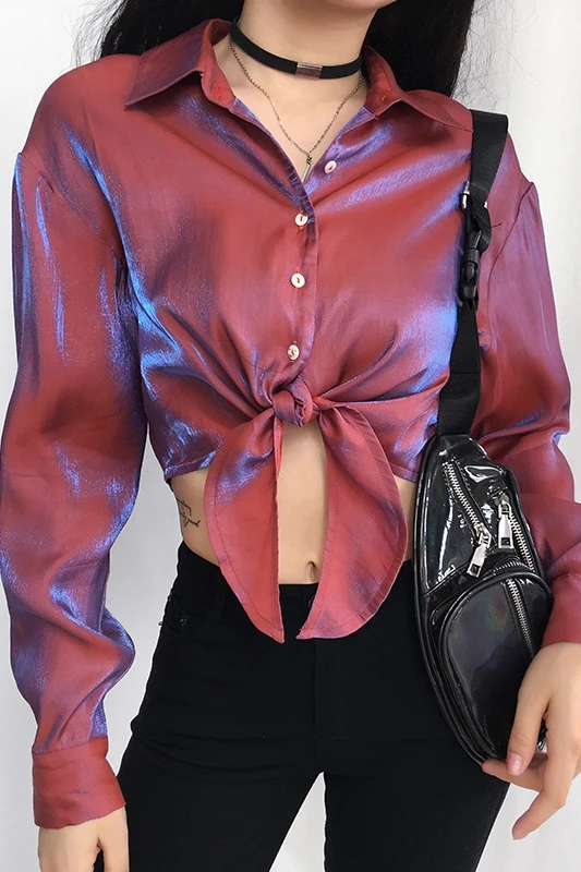 

Comfort Loose Shirts Women Single Breasted Bandage Tees Polo Neck Casual Long Sleeve Women's Cardigan Shirt Glittering