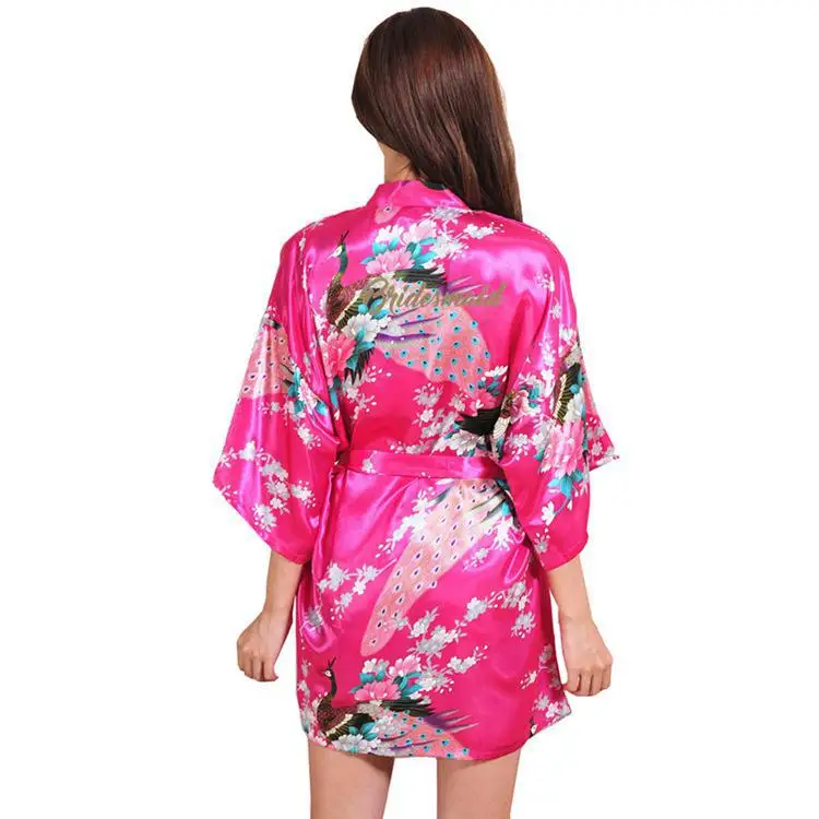 

Women Peacock Peony Print Letter " Bridesmaid " Of Kimono Robe Bride Wedding Dressing Gown Sexy Cardigan S-XXL Summer Bathrobe
