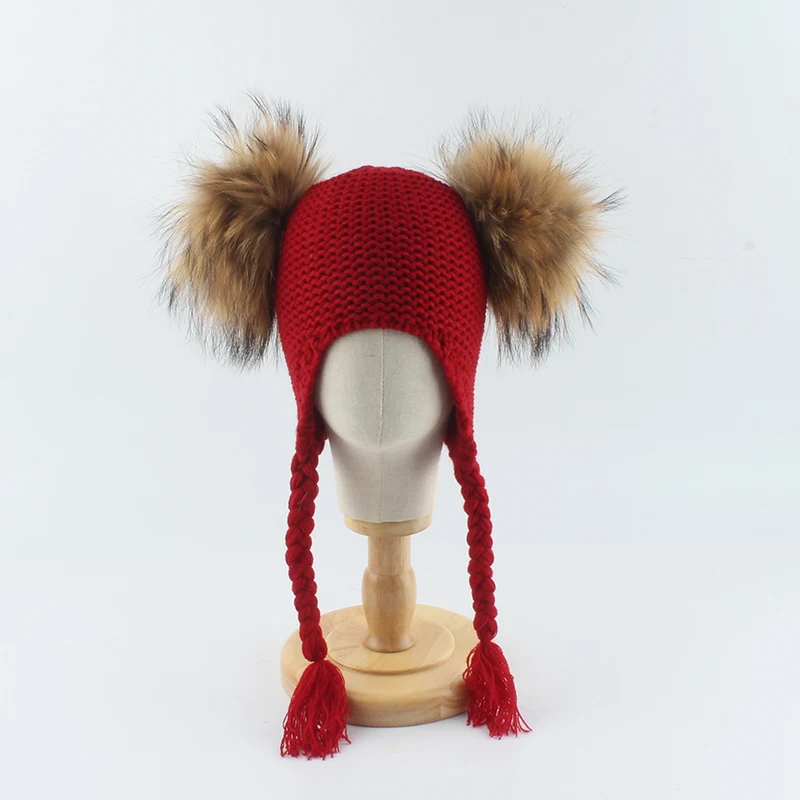 Шапка с помпоном из натурального меха енота для детей зимняя вязаная теплая