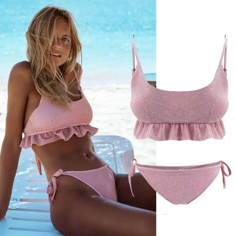 Женский комплект бикини с чашками пуш ап летний Яркий купальник оборками и