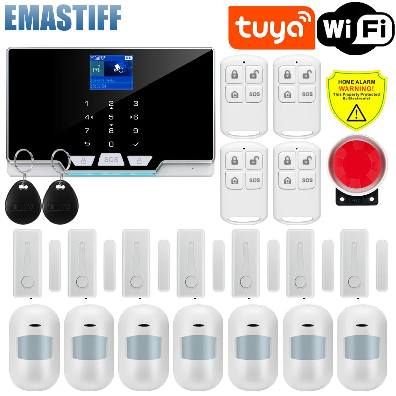 

Wireless Tuya APP SIM GSM Home RFID Burglar Security LCD Touch Keyboard WIFI GSM Alarm System Sensor kit Ru,Sp,FR Voice