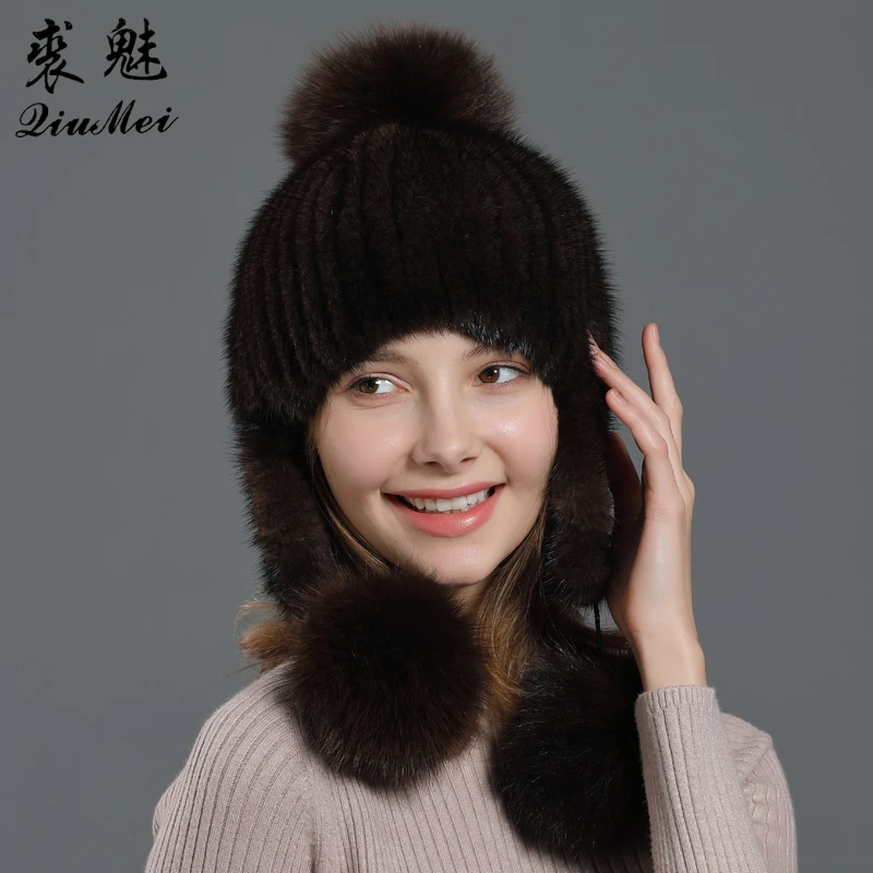 Меховая шапка из натуральной норки с ушками черные коричневые белые однотонные