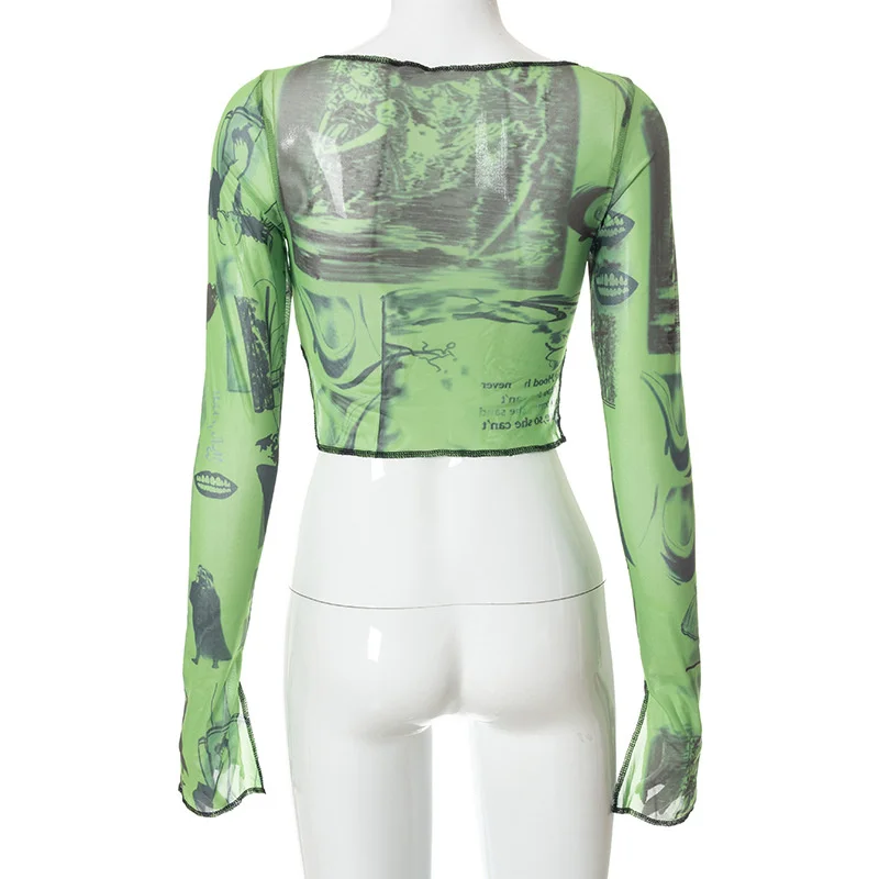 hirigin Sexy See Trough Crop Top Y2K Vintage Graphic Print Green Mesh Sheer T-shirt Long Flare Sleeve Slim Fit Tee Women Clothes | Женская