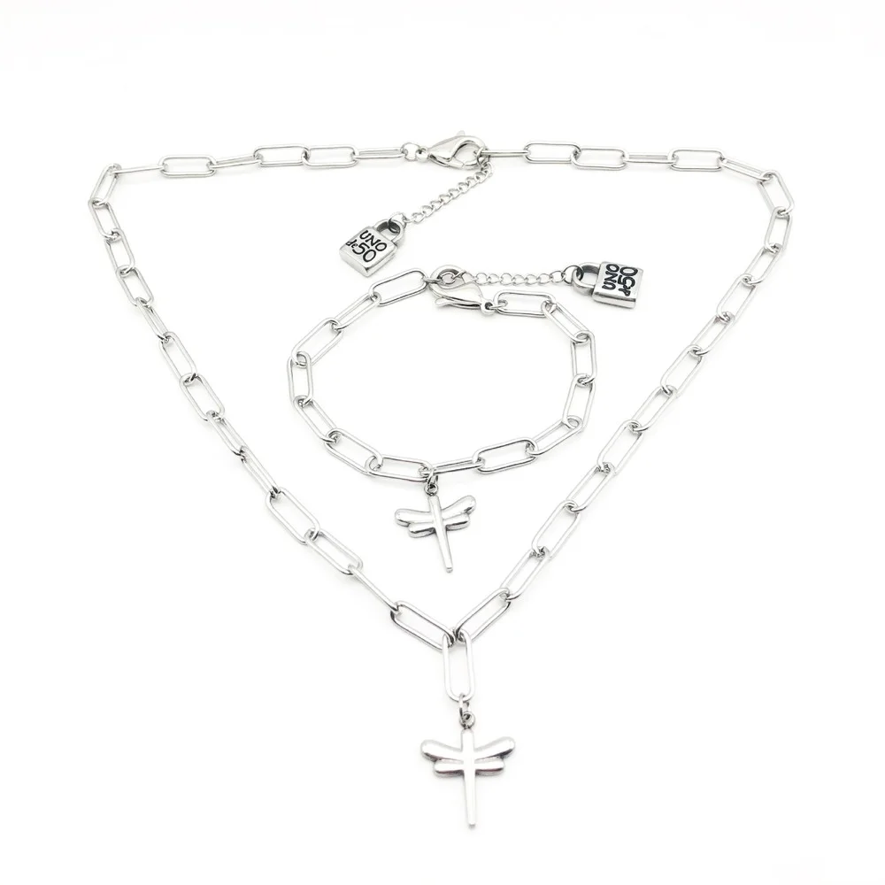 

New 2021 Uno De 50 Stainless Steel Jewelry Necklace and Bracelet Set Dragonfly Lock Neckalce and Bracelet for Woman and Men