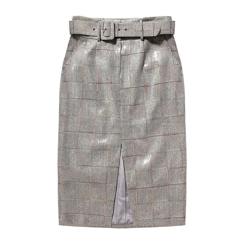 MEVGOHOT Элегантная Женская Блестящая юбка с поясом и высокой талией клетчатая