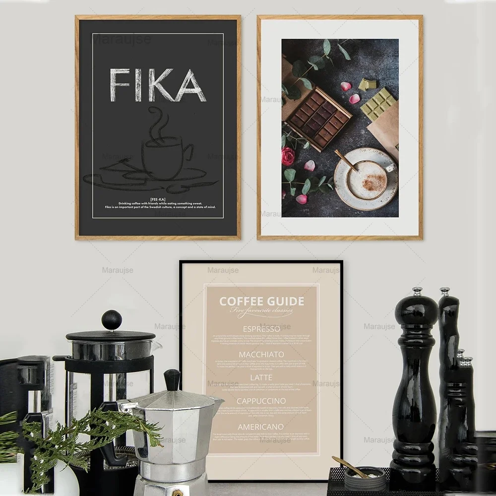 

Coffee Guide Prints Vintage Chocolate Poster Cafe Wall Art Decor Canvas Painting Fika Text Wall Pictures Coffee Shop Decoration