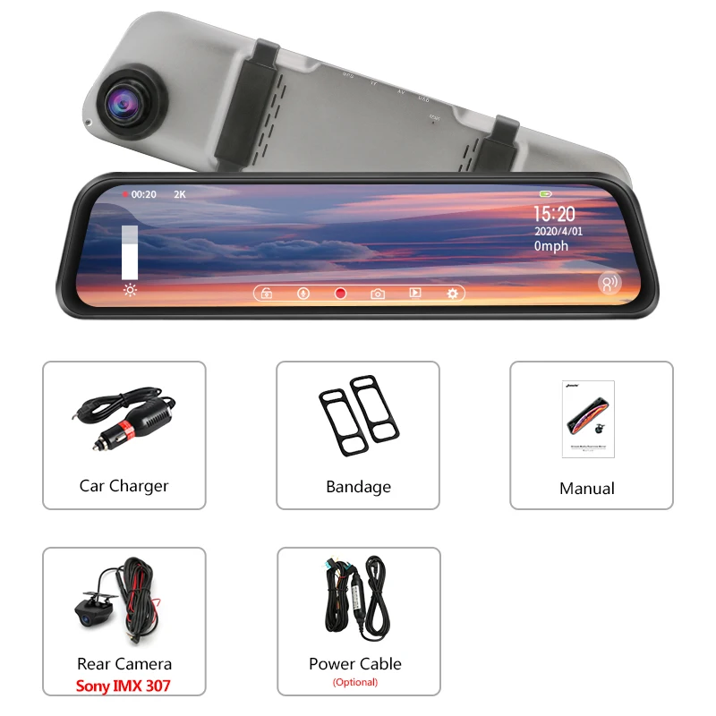 

Jansite 12" 2K Car DVR Touch Screen 1440P Dash cam Right Lens English Japanese Voice Control Cameras Registrars With Rear camera
