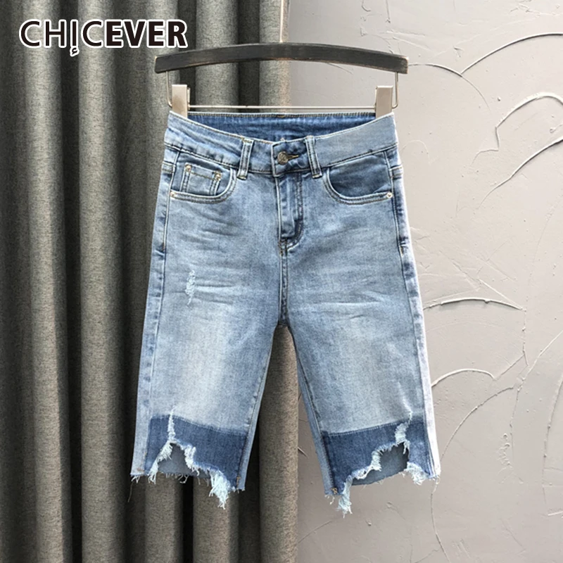 

CHICEVER Casual Irregular Loose Denim Women's Shorts High Waist Patchwork Colorblock Straight Short For Women Autumn 2021 Style