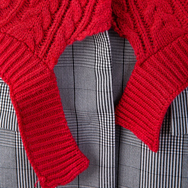 

[EAM] Women Red Knitting Contrast Color Blazer New Notched Collar Long Sleeve Loose Jacket Fashion Spring Autumn 2021 1DD4431