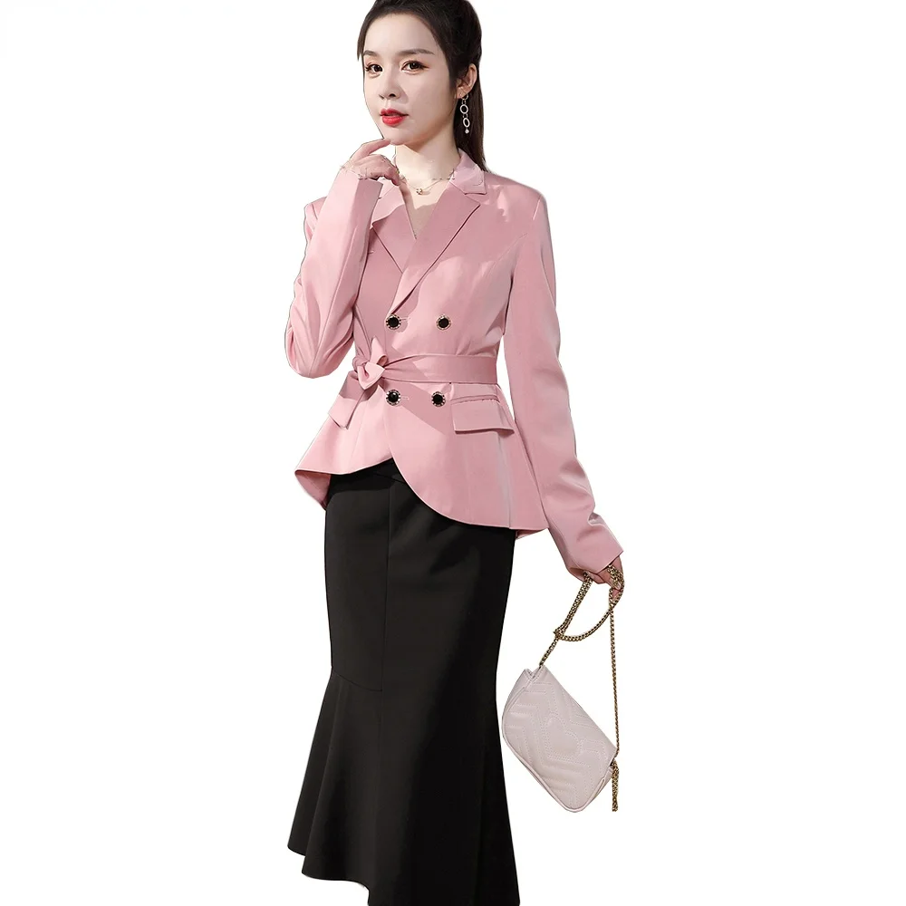 

2021 Women Fashion 2 Piece Set Skirt Suit of High Quality Slim Elegant Ruffles Green Pink Blazer skirt suit