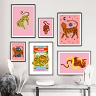 Тигровая мама, мультфильм, животные, холст, плакаты, скандинавский розовый стиль, Дикий Тигр, змея, живопись, настенный Рисунок, картины для декора детской комнаты