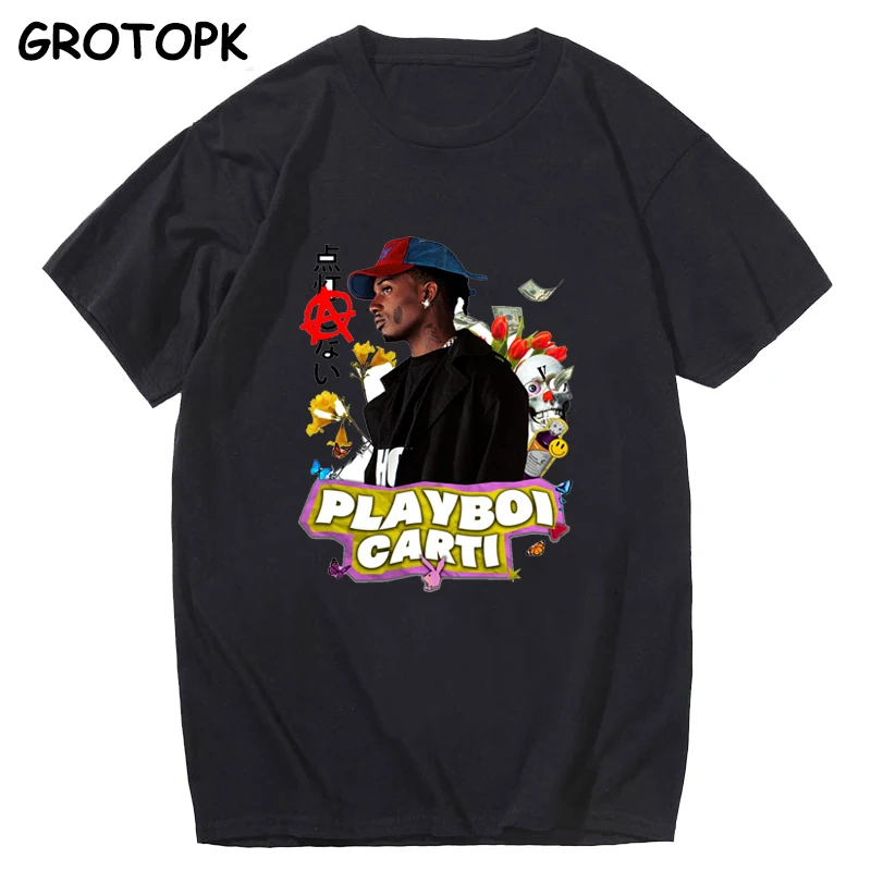 

Футболка PLAYBOI CARTI для мужчин и женщин, винтажная хлопковая рубашка в стиле унисекс, крутая уличная одежда рэп для музыки, черный красный цвет