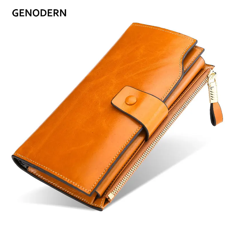 

GENODERN Top Leather Lady's Wallet RFID Anti Theft Brush Long Oil Wax Mobile Phone Clutch Bag Cow Leather Retro Women Wallet