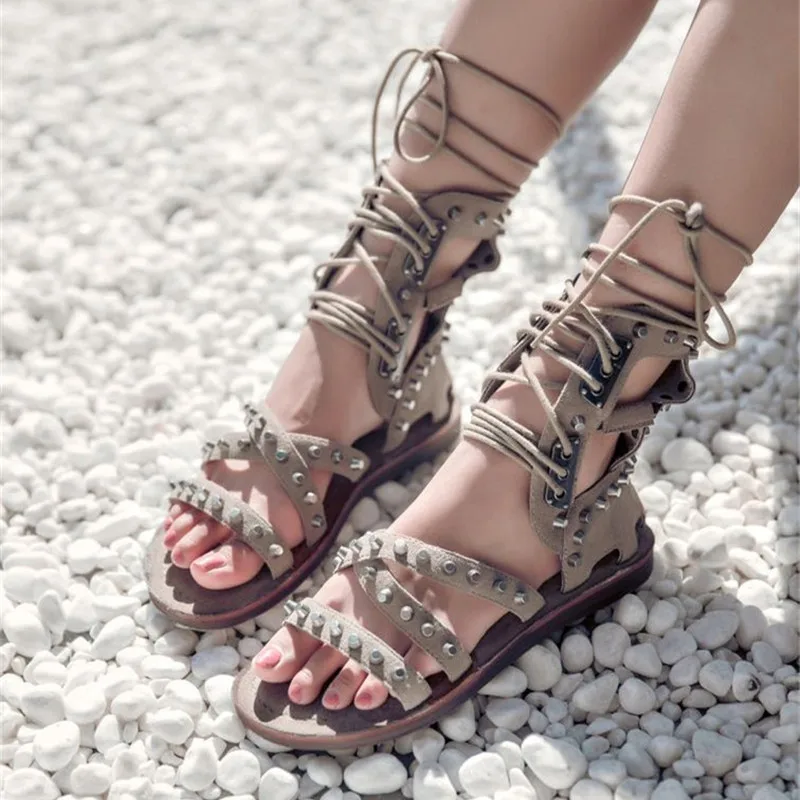 

Punk Style Rivets Studded Women Sandals Suede Lace-up Gladiator Sandals Ladies Summer Beach Shoes Woman Hollow Out Flat Sandal