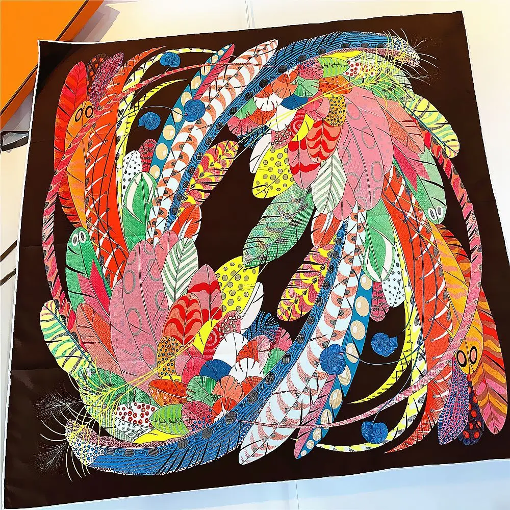 

"animal feather" 90cm Luxury Brand Scarf Women Bandana Handmade Curled Twill Silk Square Hijab Scarf Foulard Head Scarves
