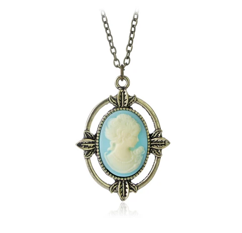 Novo estilo vintage bronze luz azul cameo colar the vampiro diários katherine beleza cabeça pingente colar para mulher