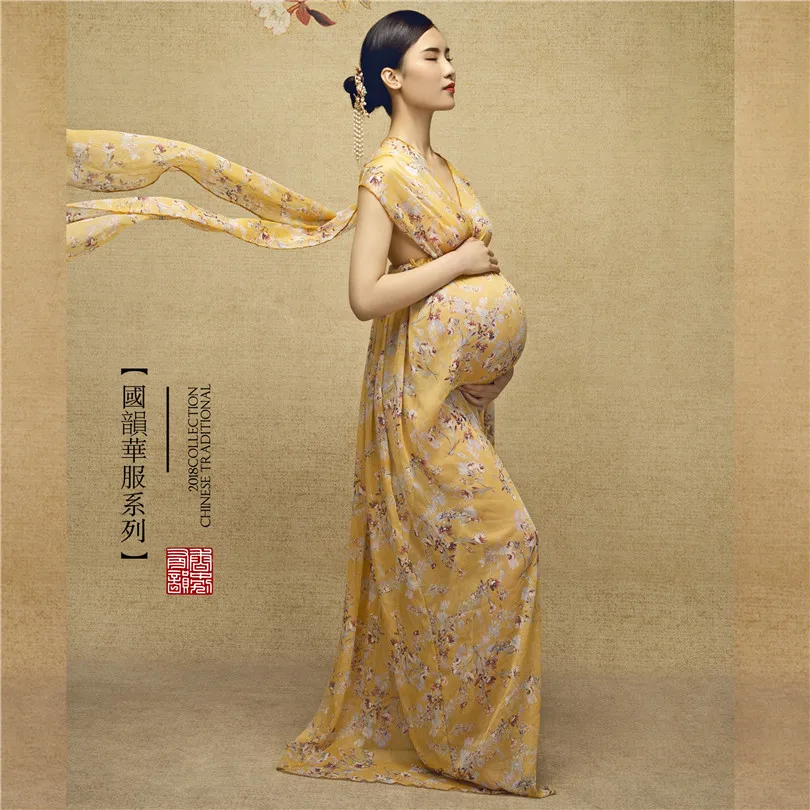 Yellow Lace V-Neck Maternity Gown Pregnancy Dress for Photoshoot Baby Shower Dress Wedding Gown Photography Plus Size