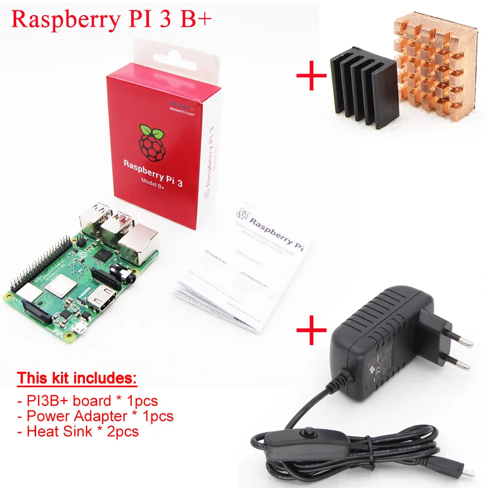 Raspberry Pi 3 Model B+ плюс плата+ теплоотвод+ адаптер питания источник питания переменного тока. 1Гб LPDDR2 четырехъядерный WiFi и Bluetooth - Комплект: Комплект 2