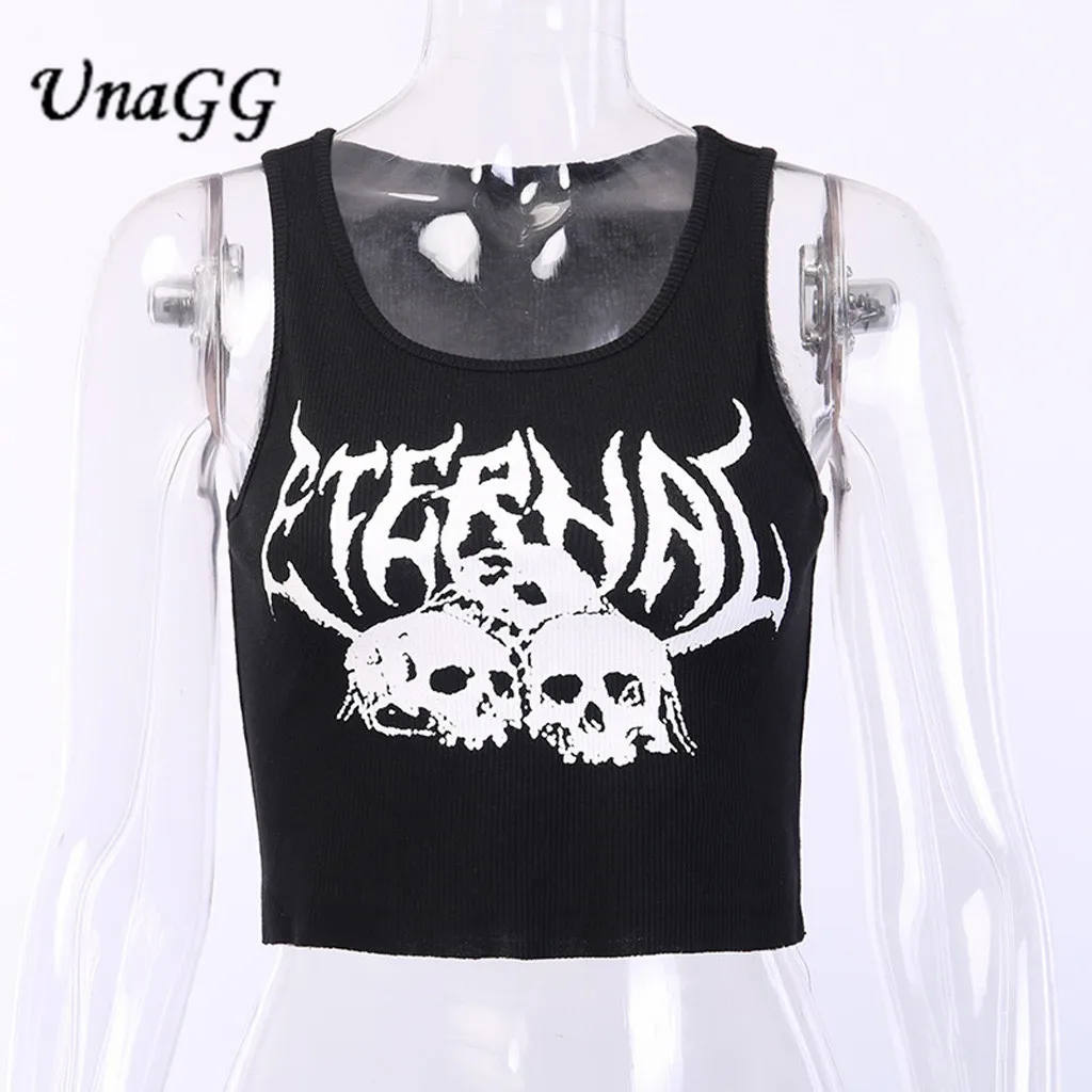 

UnaGG Black Skull Print knitted Ruffle Gothic Tank Tops Off Shoulder Casual Crop Top Summer women 2020 Female Streetwear Tops #1