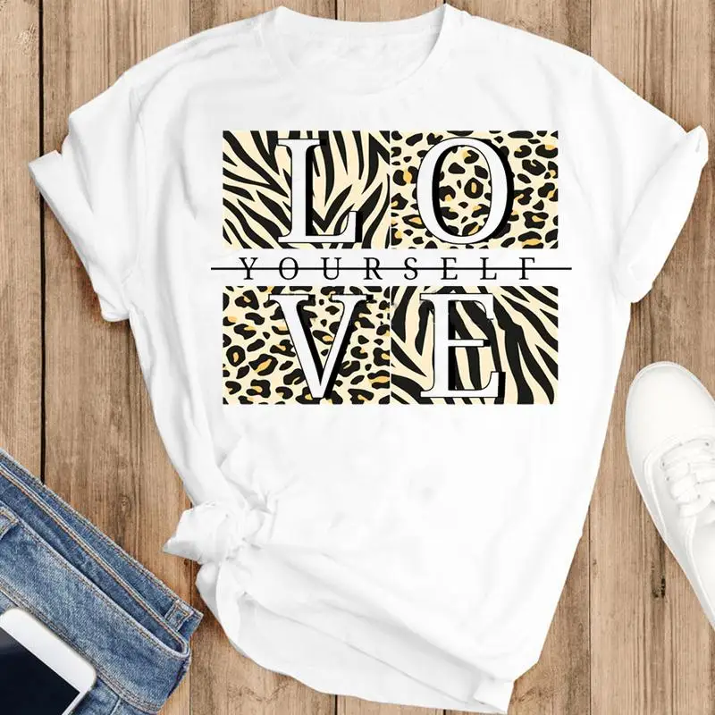 

Women Sweet Leopard Love Heart Letter 90s Cute Fashion Print Short Sleeve Summer Lovely Clothes Tops Tees Tshirt T-Shirt