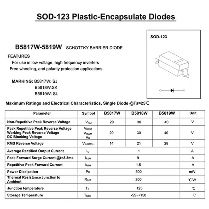 100 шт. SMD диод Шоттки B5817W SJ бав21w T3 B5819W SL 20V 30V 40V электронные компоненты SOD-123 |