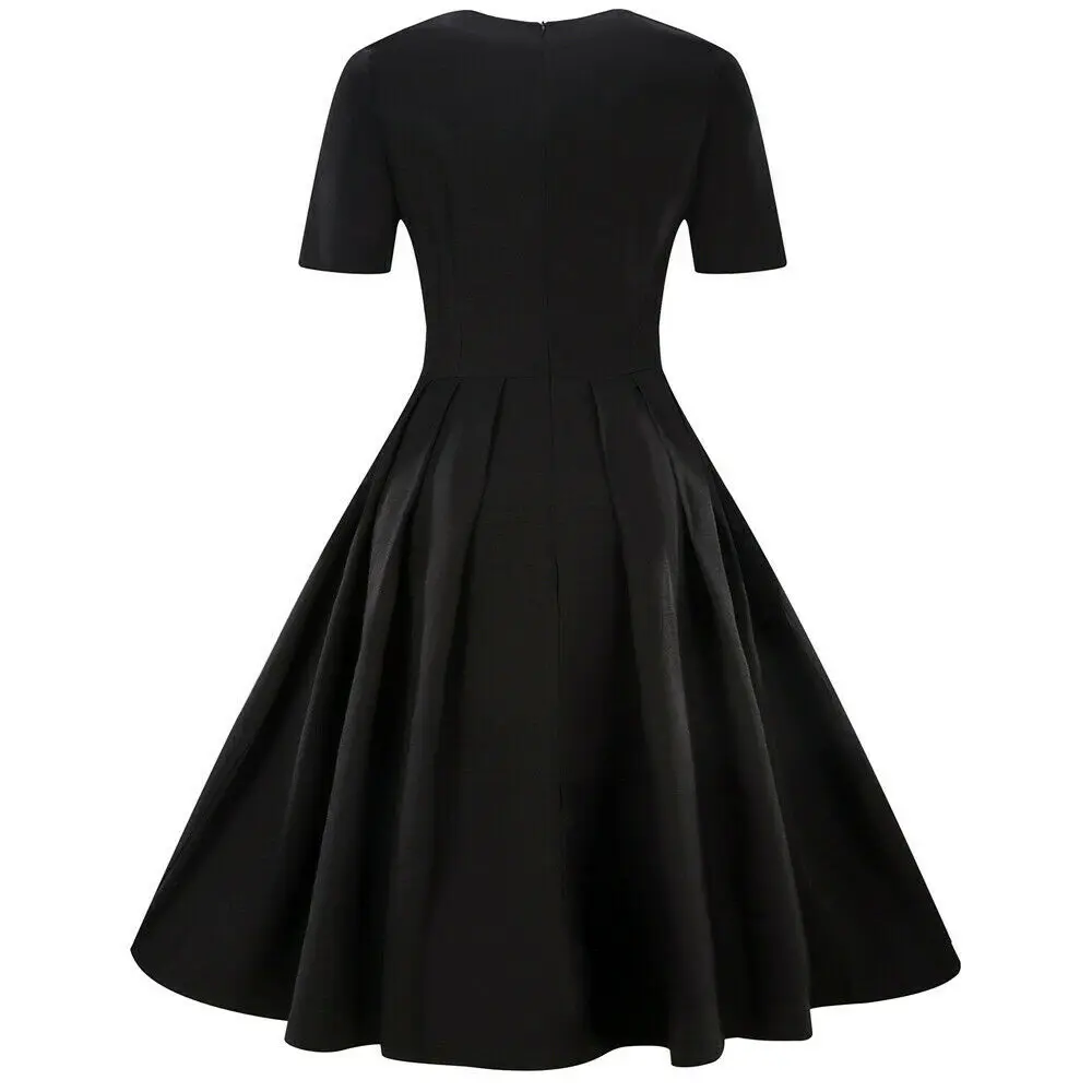 

Fashion Womens Short Sleeve O-Neck Vintage Dress Solid Bow Party Formal Dress