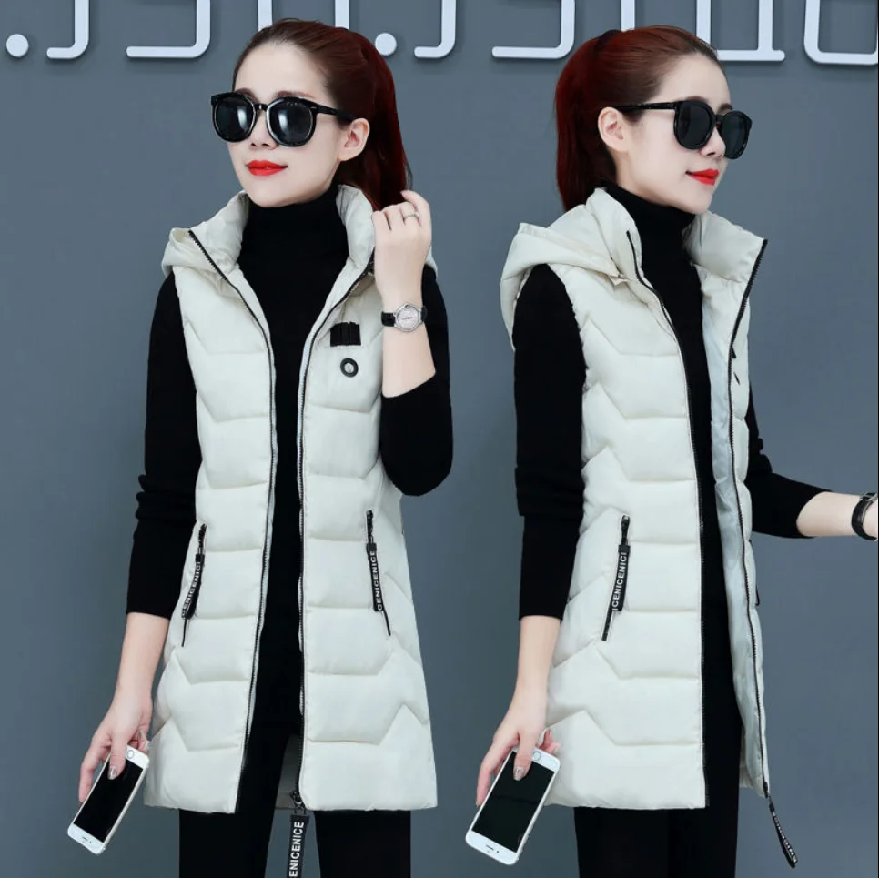 

Beardon Winter Vest Women Mid-Long Slim Solid Long Zipper Hooded Waistcoat Vest Autumn Sleeveless Cotton Padded Parka Coat