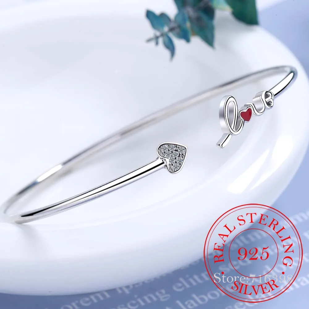 

Original 925 Pure Silver Love letter Red Heart Shape Cuff Bracelet Bangle Pulseiras de Prata Fit For Women Girl Gift Of Love