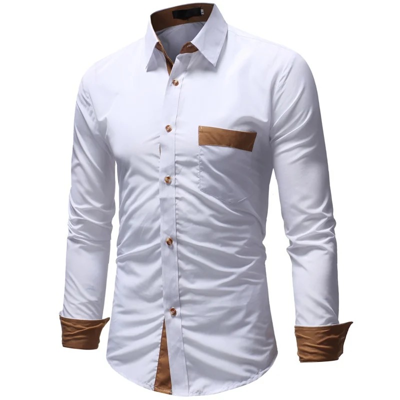 Men Shirts Slim Fit Tops Casual Long Sleeve Pocket Business Shirts Mens Wedding Party Shirt Male Clothing 2021