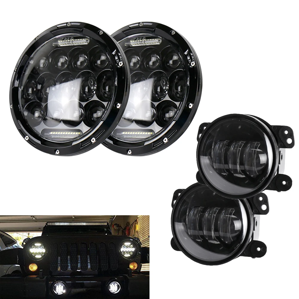 

7" 75W LED Headlights + 4" 30W LED Fog Lights 1Pair for Jeep Wrangler JK 2007-2017