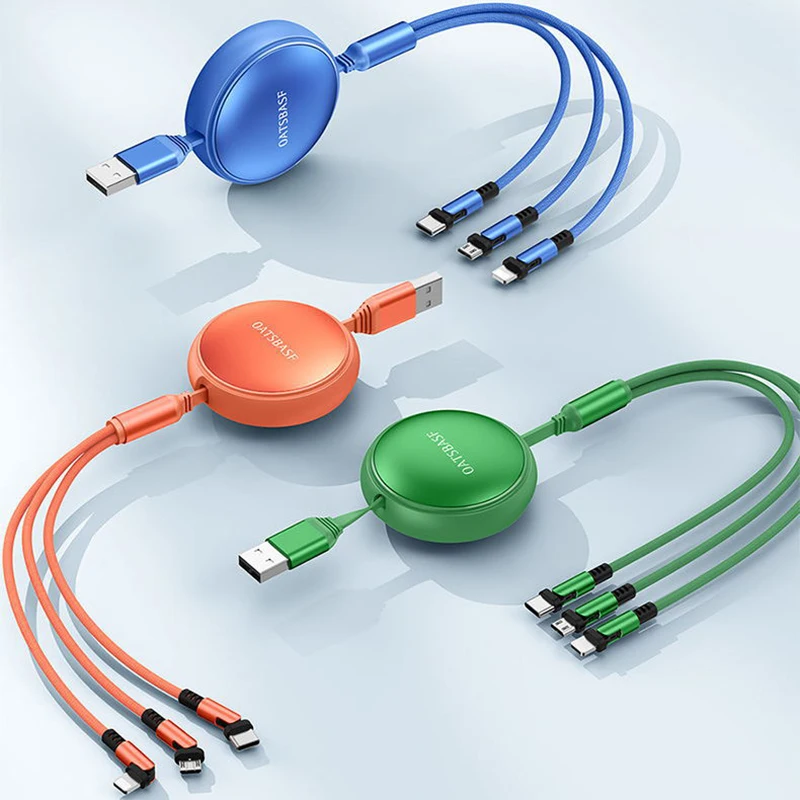 

1 For 3 Telescopic Data Cables For Ios For Type-C For Android 180° Rotating USB Connector Car Phone Charger Adapter Data Cord