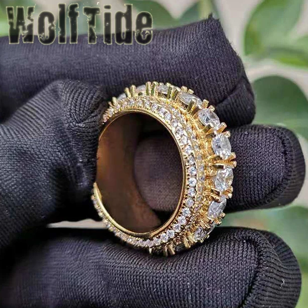 

Fashion Hip Hop Bling Clustered Cubic Zirconia Rotate Finger Ring For Men Women Spinner Geometric Round Gold Lover Party Jewelry