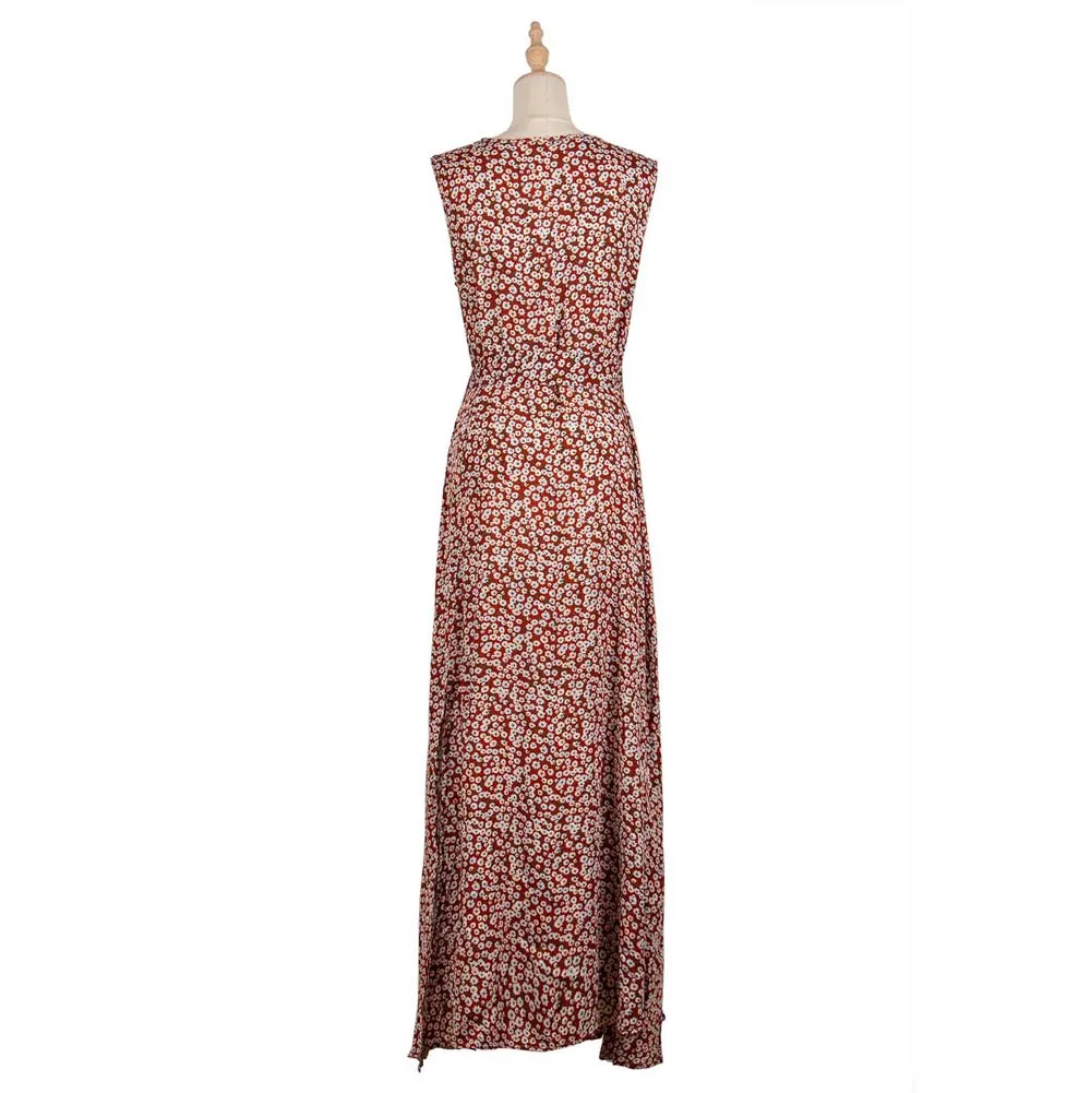 

Women V Neck Split Dresses Floral Print Long Summer Spaghetti Strap Beach Party Dress Ladies Elegant Lace Up Casual Maxi Dresses