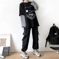 qweek korean style fake two piece t shirt women streetwear harajuku long sleeve print tshirt tees female tops kpop clothes 2021