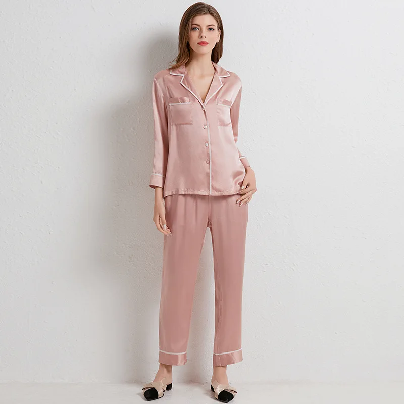 New Sleep Set 100% Silk Pajamas For Women Long Sleeve Sexy T-shirt&pants With Buttons Pijamas Casual 2PCS Lounge Nightwear
