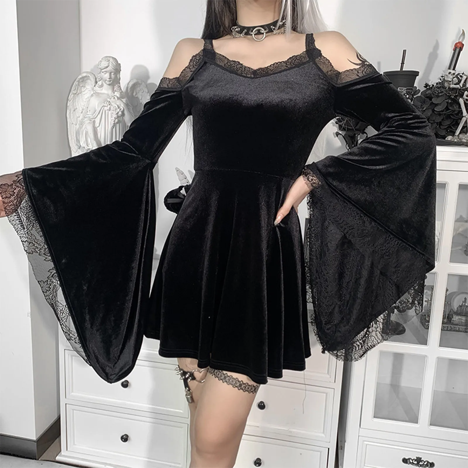 

Autumn Gothic Aesthetic Sexy Woman V Neck High Waist Spaghetti Strap Dress Goth Y2K Lace Flare Sleeve A Line Dress Clothes