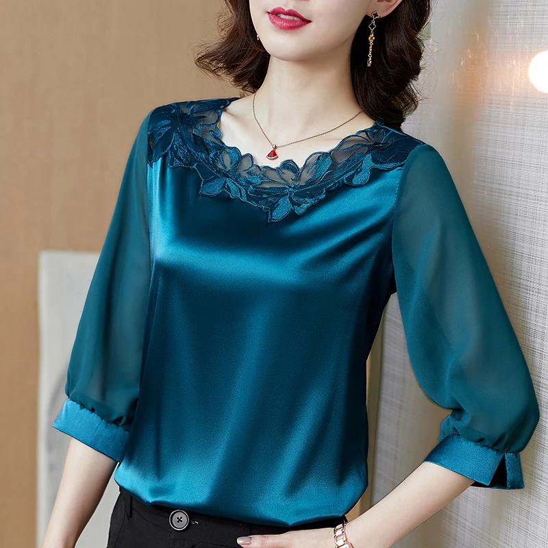 Женская атласная блузка с вышивкой рукавом 2021 | одежда